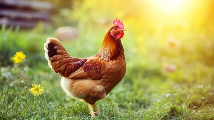 Fototapeta premium Golden Hour on the Farm with a Hen in Focus