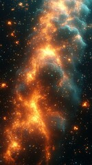 Cosmic Glow. Bright orange nebula with blue cosmic dust stars, deep sp
