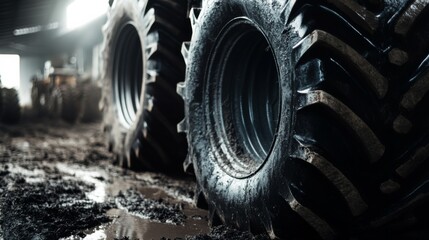 Harsh Light on Farm Machinery Tires in Black and White