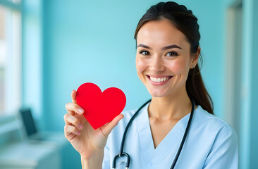 Caring Nurse Holding a Red Heart. Smiling nurse in a medical uniform holding a red heart symbol, promoting healthcare and compassion.