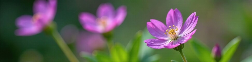 Clear stamens in violet hepatica flower on a lush green stem, purple, botany, growth