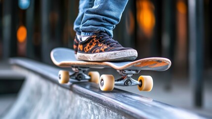 Street Style. Close-up of leopard print sneakers on skateboard rail at