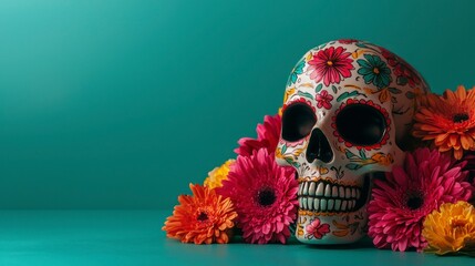 Mexican Day of the Dead sugar skull with colorful flowers and marigolds