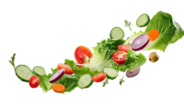 Fresh salad. Mixed falling vegetables in bowl on transparent background