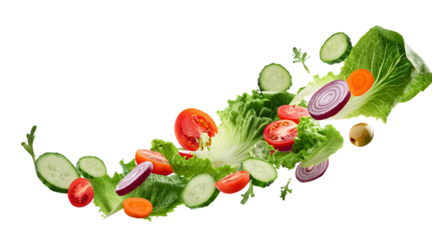 Fresh salad. Mixed falling vegetables in bowl on transparent background