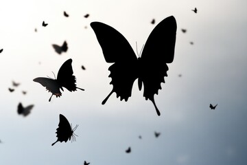 A group of colorful butterflies fly through the clear blue sky