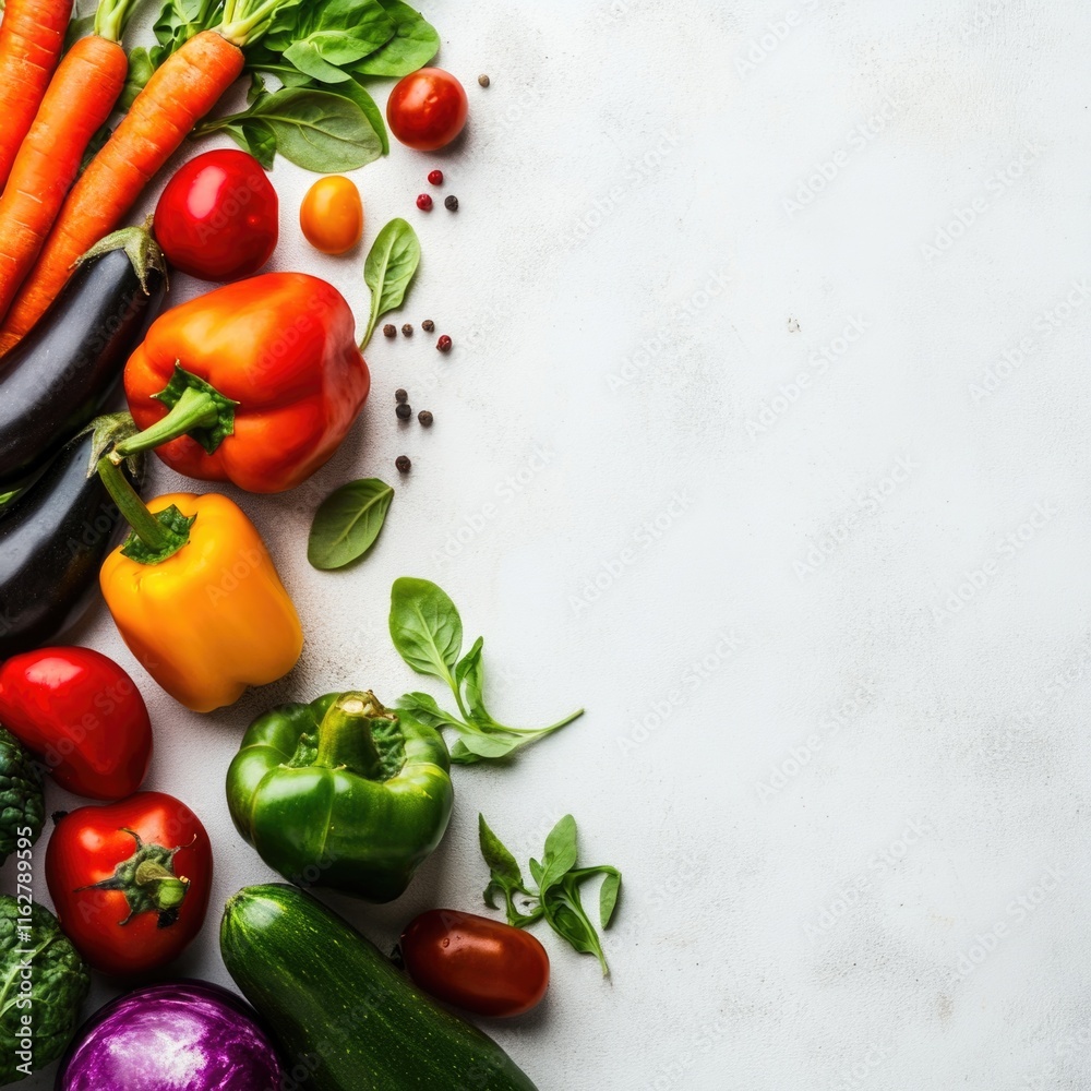 Poster a selection of colorful and crisp vegetables arranged on a clean white surface
