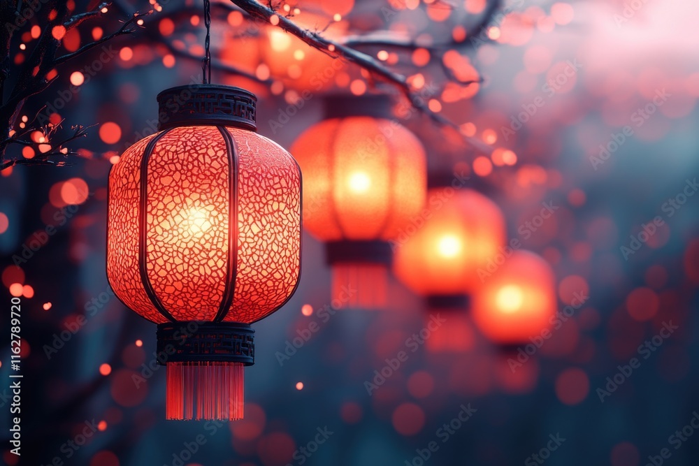 Poster a set of vibrant red lanterns suspended from a tree branch, creating a warm and cozy ambiance