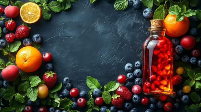 Citrus and berries with herbal garnish on a dark background