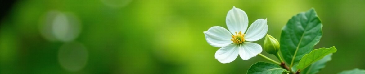 Delicate white dogwood blossom on a green stem, petals, tree, foliage