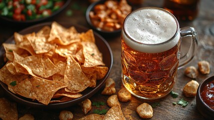 Delicious Snack Spread with Beer and Nachos