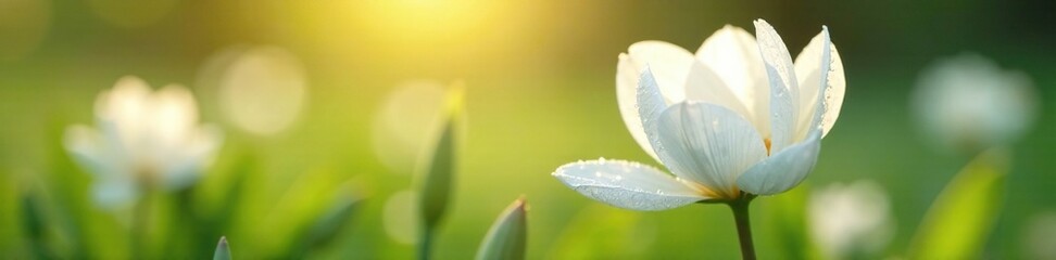 Fototapeta premium Delicate white petals unfolding in early morning dew, flower fields, morning mist, white spring flowers