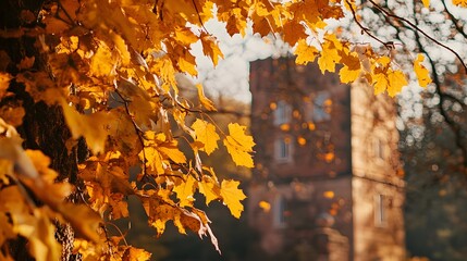 Golden Autumn Leaves Before Brick Building