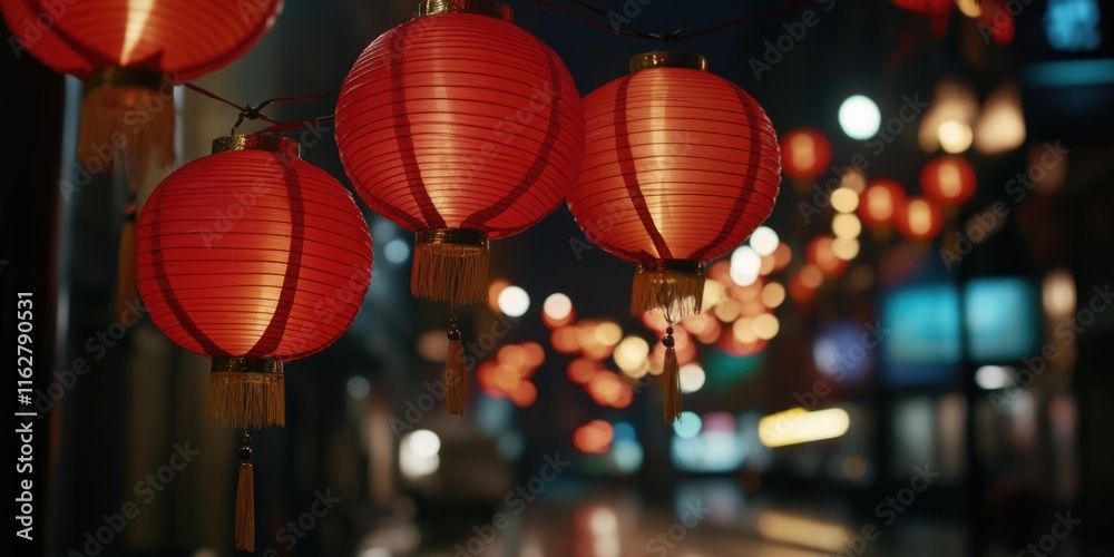 Poster A bunch of red lanterns hanging from a string