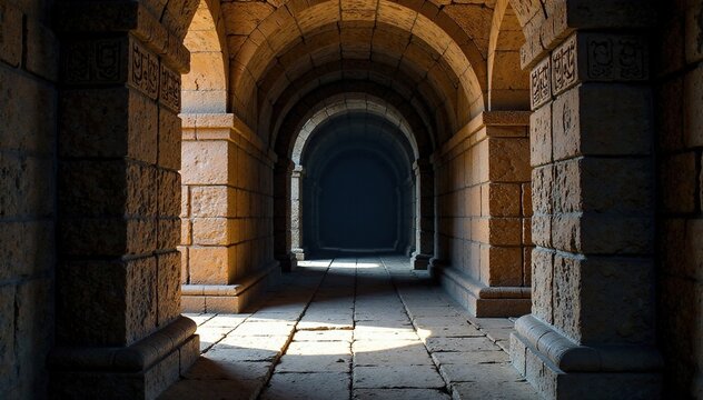 Dimly lit corridors reveal mysterious stone carvings, ancient, worn