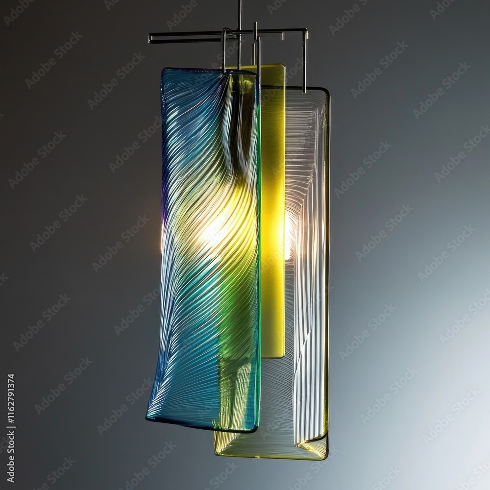 Poster a beautiful and vibrant glass lamp hangs from the ceiling, adding warmth and style to any room