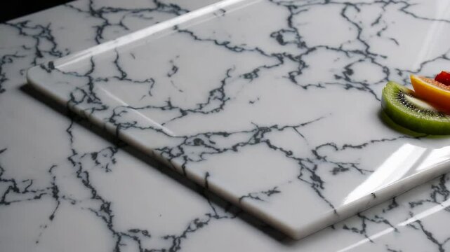 minimalist composition on a white marble surface with dark veining