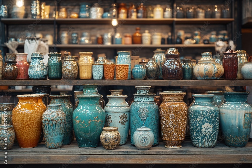 Poster a shelf filled with various colorful vases