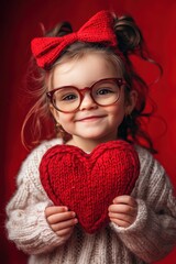beautiful little girl in red glasses, celebrating Valentine's Day.