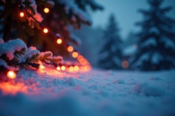 Glowing Christmas lights forming a festive border around a snowy field, sparkling accents, light