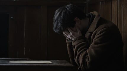 Obraz premium Man Sitting at Desk with Face Covered in Low Lighting