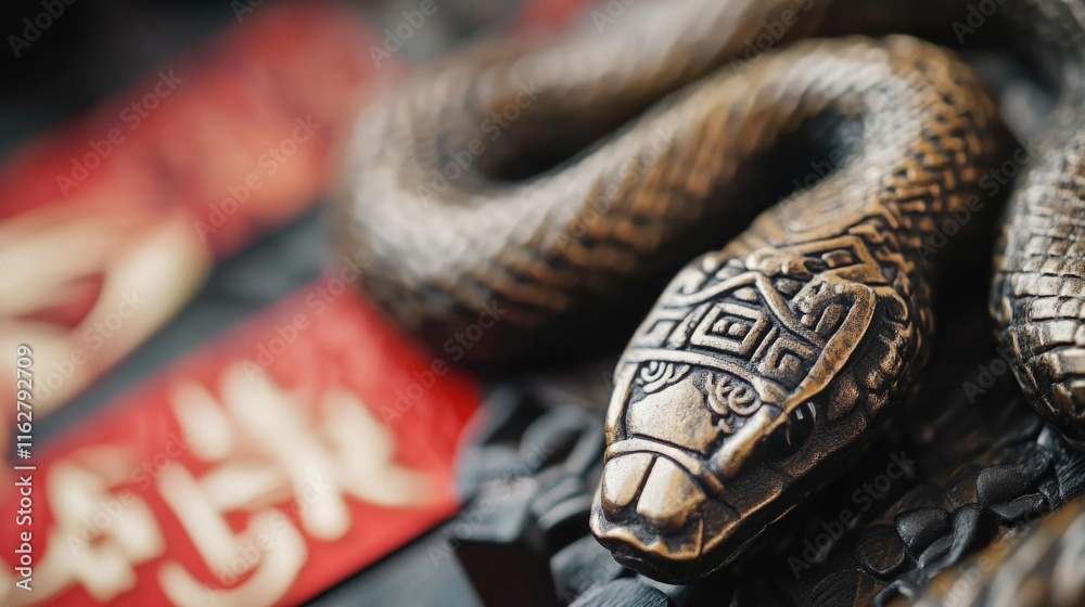 Poster a close-up view of a statue of a snake, suitable for use in designs related to nature, mythology, or