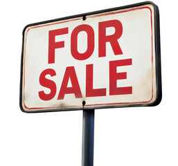 Real estate for sale sign on white background, property marketing advertisement, home purchase promotion banner, house opportunity display isolated