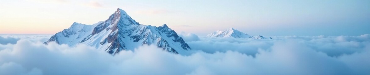 Obraz premium Icy mist surrounds towering mountain peak in dense cloud bank, landscape, mountains, mist