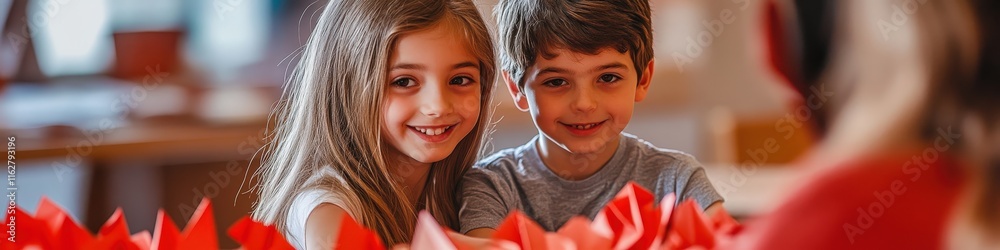 Wall mural A girl and a boy make beautiful valentines for Valentine's Day. February 14.