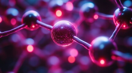 Abstract molecular structure; pink, metallic spheres connected by rods.
