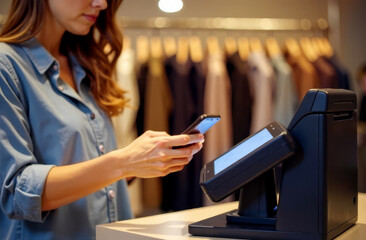 Close-up of a young woman using her phone through a POS terminal with contactless payment to pay in a store. Cash register counter in a clothing store. Transactions - contactless payment