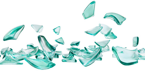Shattered glass with flying shards, transparent fragments from impact damage, broken mirror pieces in closeup, crushed window debris falling isolated