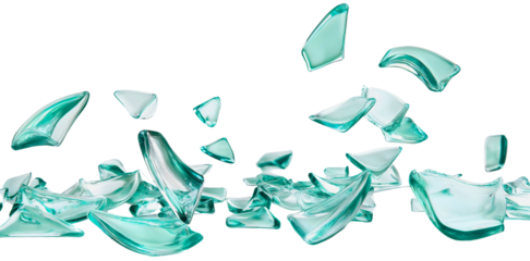 Shattered glass with flying shards, transparent fragments from impact damage, broken mirror pieces in closeup, crushed window debris falling isolated