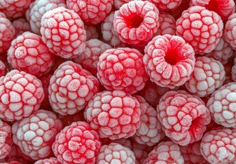 Frozen Raspberries Close Up: Red Berry Texture Background