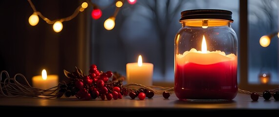 A softly glowing candle in a glass jar under the soft glow of string lights complemented by scattered winter berries