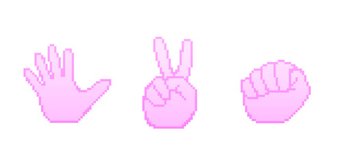 Rock paper scissors in pink pixel art
