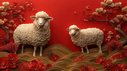 A vibrant red background adorned with intricate golden sheep patterns along the sides leaving the center clean for content placement 