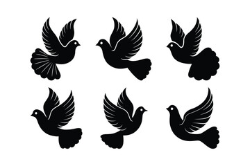 Flying Dove Illustrations in Black Silhouette Style