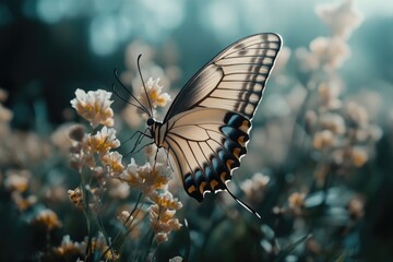 Fototapeta premium A single butterfly sits on the petals of a white flower, showcasing its delicate beauty and the subtle colors of nature