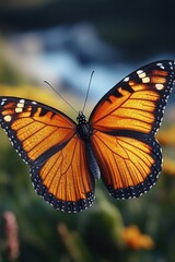 Fototapeta premium A bright orange butterfly perched on the petals of a colorful flower