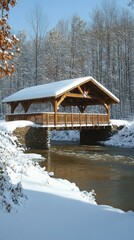 Fototapeta premium Frozen winter wonderland scenes snow-covered bridge spans river