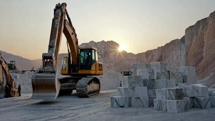 Excavator moves marble blocks during sunset in quarry