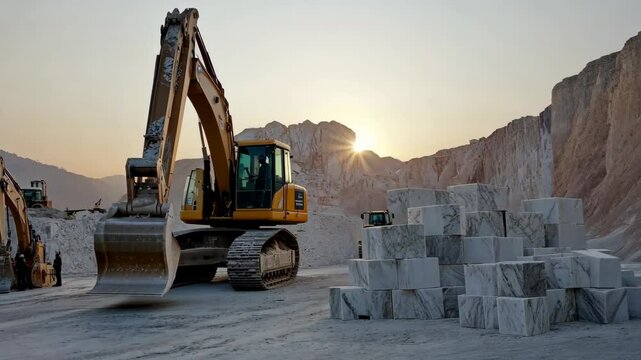 Excavator moves marble blocks during sunset in quarry