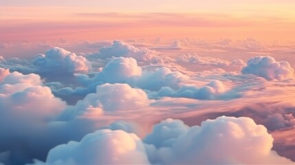 Beautiful aerial view above clouds at sunset. Flying above clouds