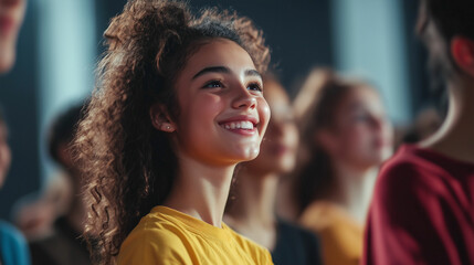 Obraz premium Multicultural group of young dancers celebrating and expressing joy during a vibrant dance workshop indoors