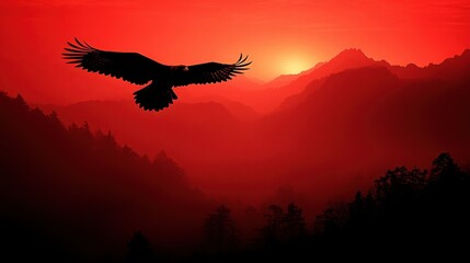 A bold red backdrop with a flying hawk against a mountainous landscape and a clean central space for added elements 