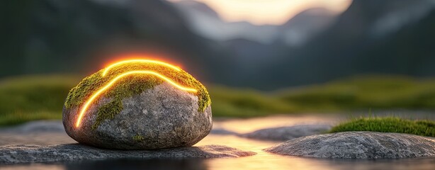 Promoting Mountain Conservation and Sustainable Tourism, a macro shot of a moss-covered stone with glowing neon streaks symbolizing the fragile beauty of mountain ecosystems