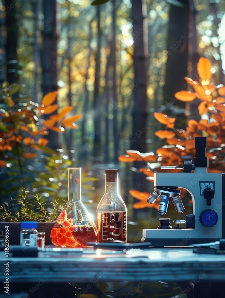 Poster a finely detailed laboratory table set in a vibrant forest, a glass beaker with a red solution, smal