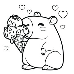 Cute cartoon capybara eating ice cream outlined for coloring page on white background