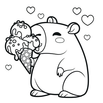 recommend clip art: Cute cartoon capybara eating ice cream outlined for coloring page on white background
